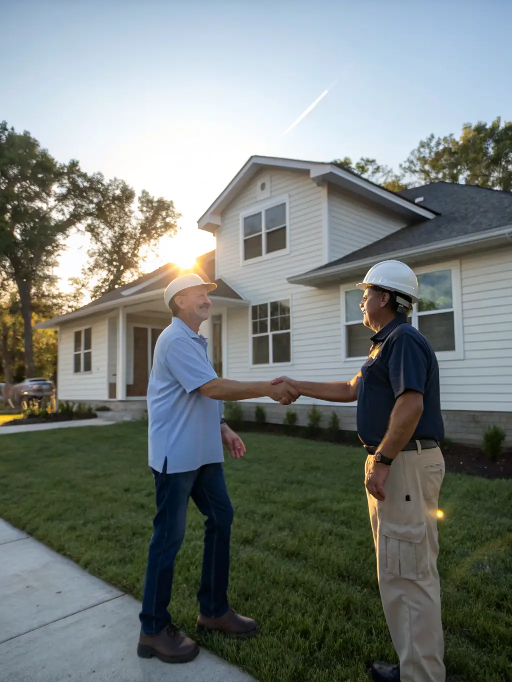 A friendly handyman smiling and shaking hands with a satisfied customer in front of a well-maintained Colorado Springs home, symbolizing trust and local expertise.