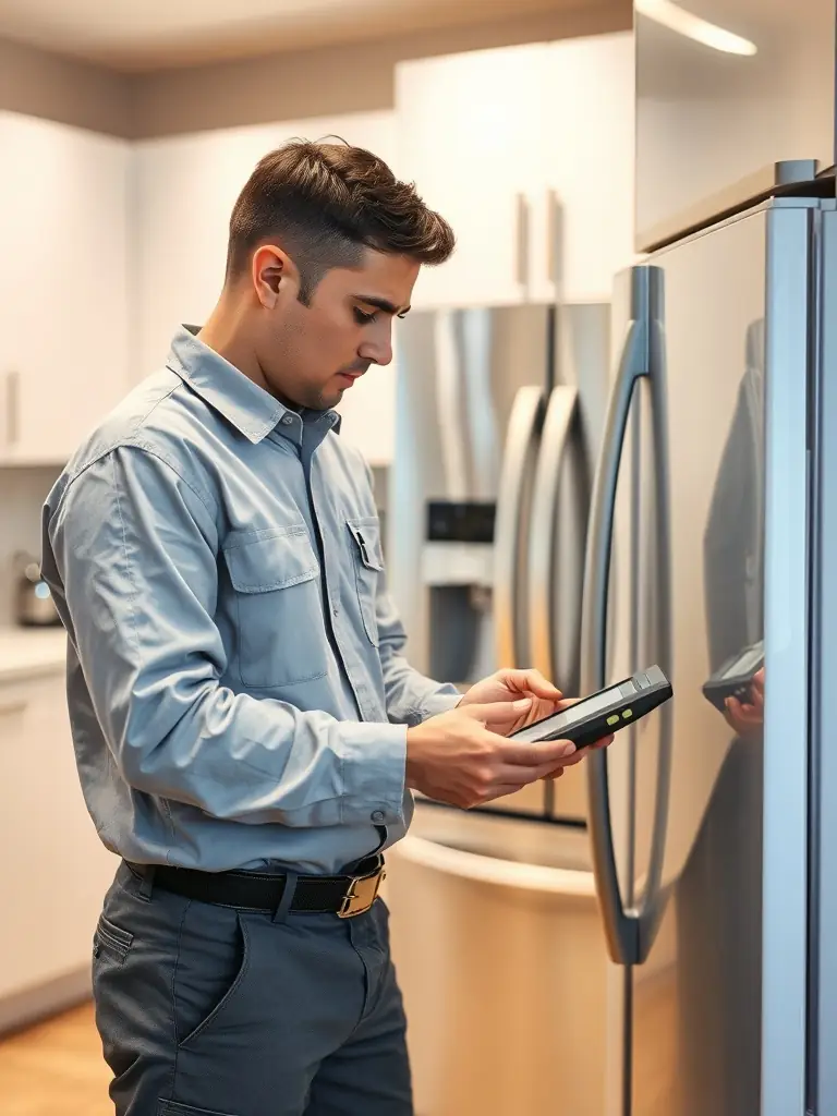 A skilled technician is repairing a modern stainless steel refrigerator in a well-lit Colorado Springs kitchen, ensuring it functions perfectly.