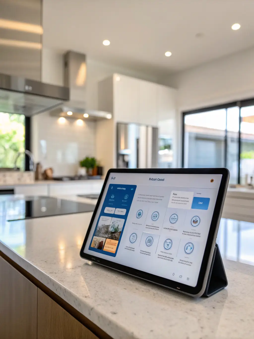 A smart home setup with a tablet controlling lights and temperature, illustrating Kingdom Life Services' home automation solutions.