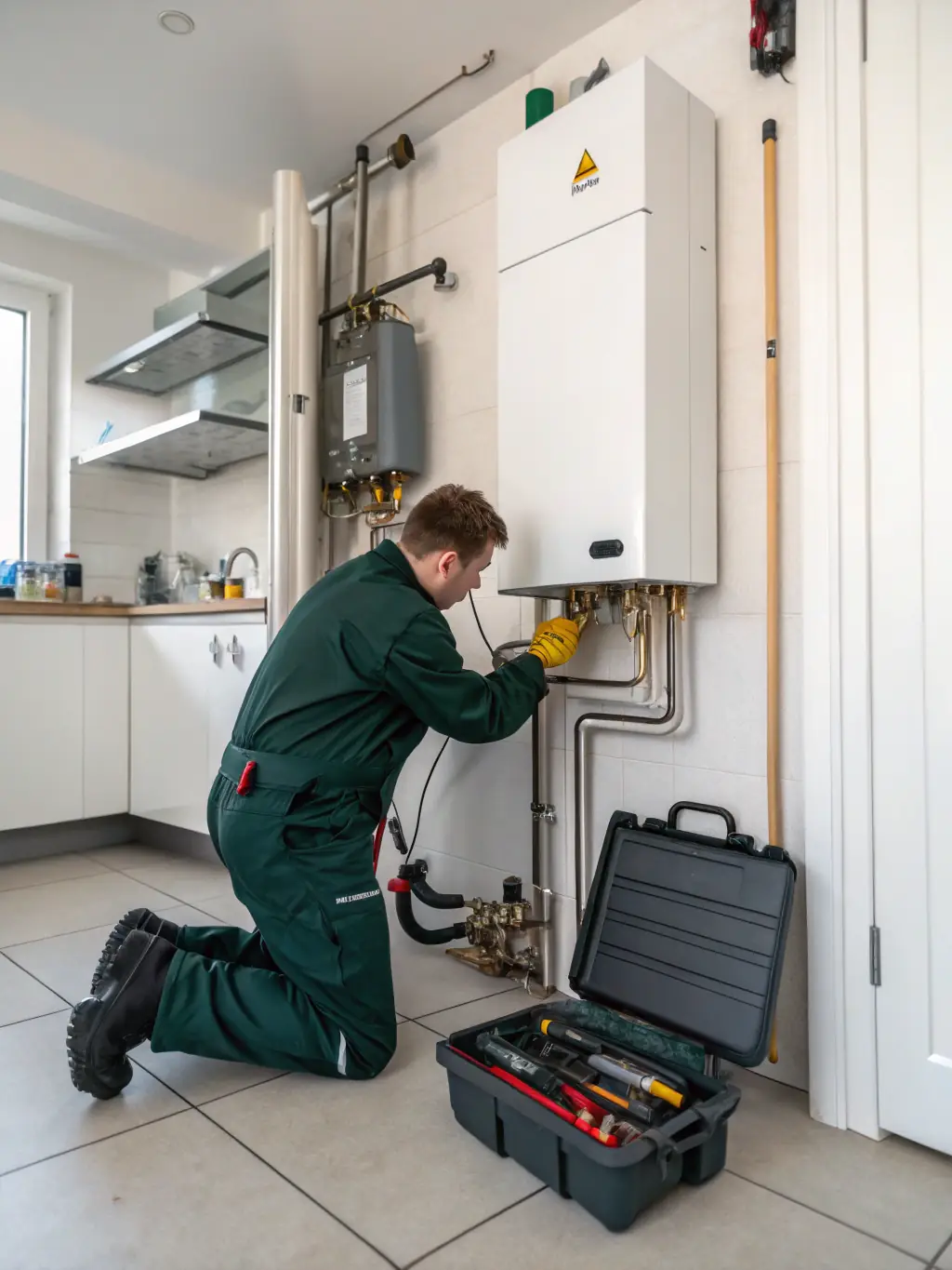 A friendly technician repairing an HVAC unit in a clean, modern Colorado Springs home, showcasing Kingdom Life Services' expertise in HVAC repair.