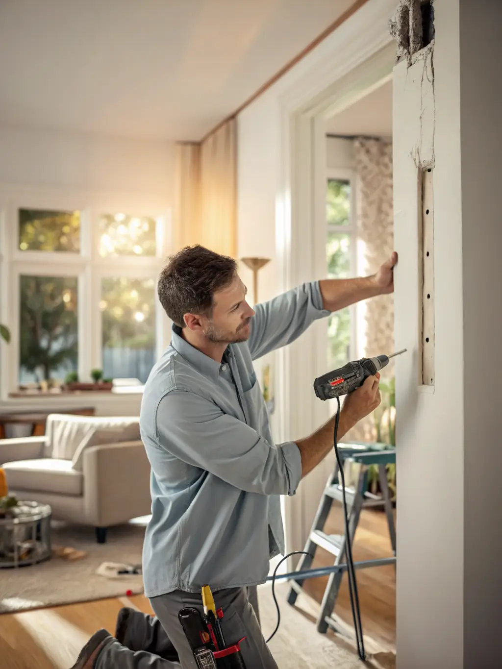 A handyman expertly repairing a drywall crack in a Colorado Springs home, demonstrating Kingdom Life Services' everyday home repair skills.