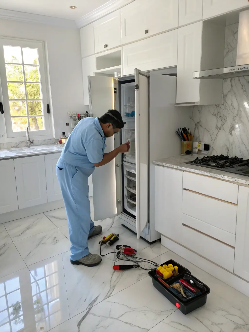A skilled technician fixing a modern stainless steel refrigerator in a well-lit kitchen, emphasizing Kingdom Life Services' appliance repair capabilities.