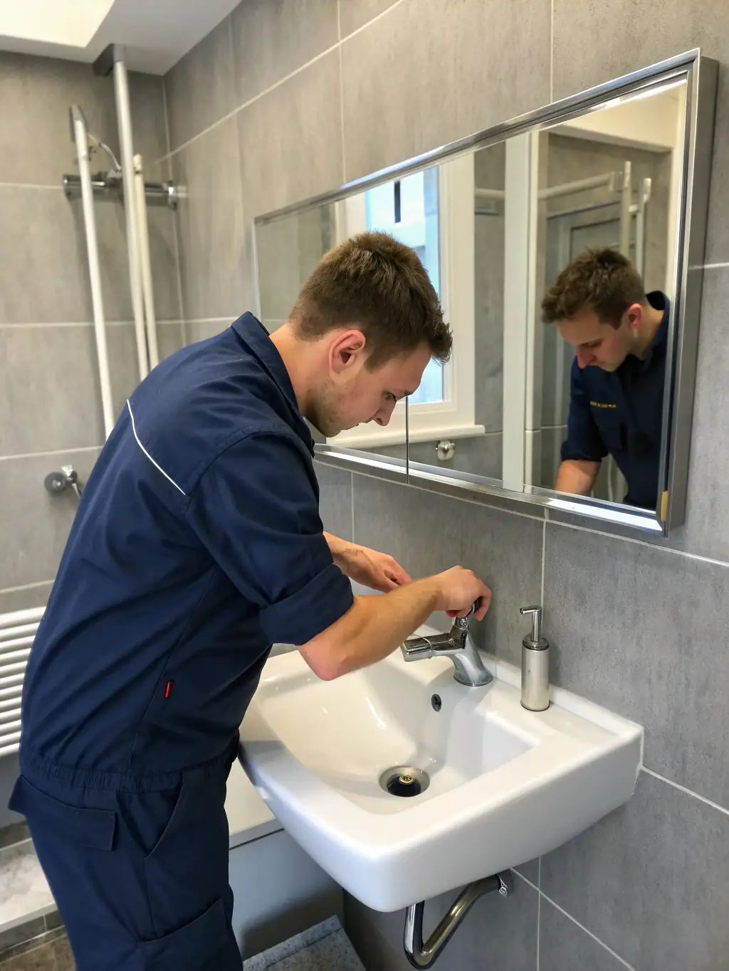 A handyman is shown expertly fixing a leaky faucet in a typical Colorado Springs home bathroom, ensuring no more drips and a happy homeowner.